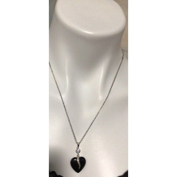 Black Heart Pendant Necklace & Earrings Set With Rhinestone Accents Silver Chain - Picture 2 of 6